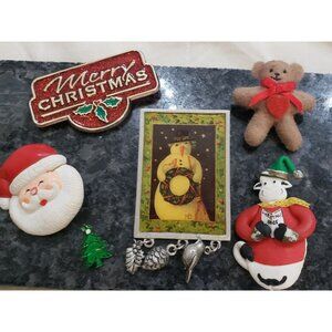 Vintage Christmas Brooch Pin Lot of 5 Santa, ear Tree, Dangeling Cow